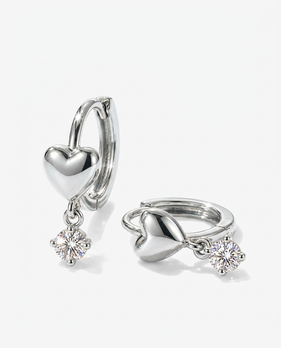 Heart & Zircon Drop Huggie Earrings