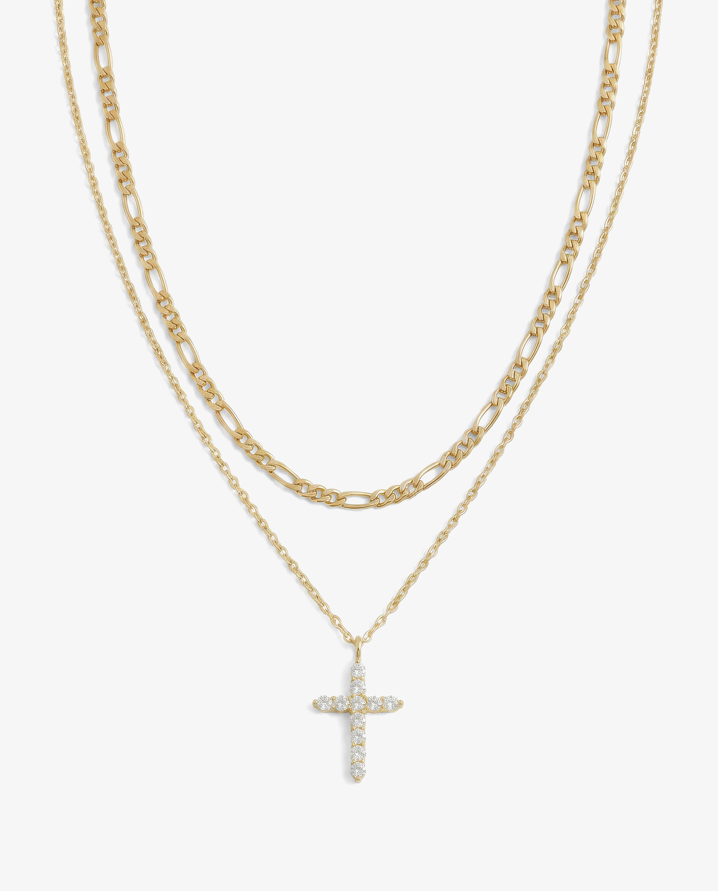 Pavé Cross & Figaro Necklace Set