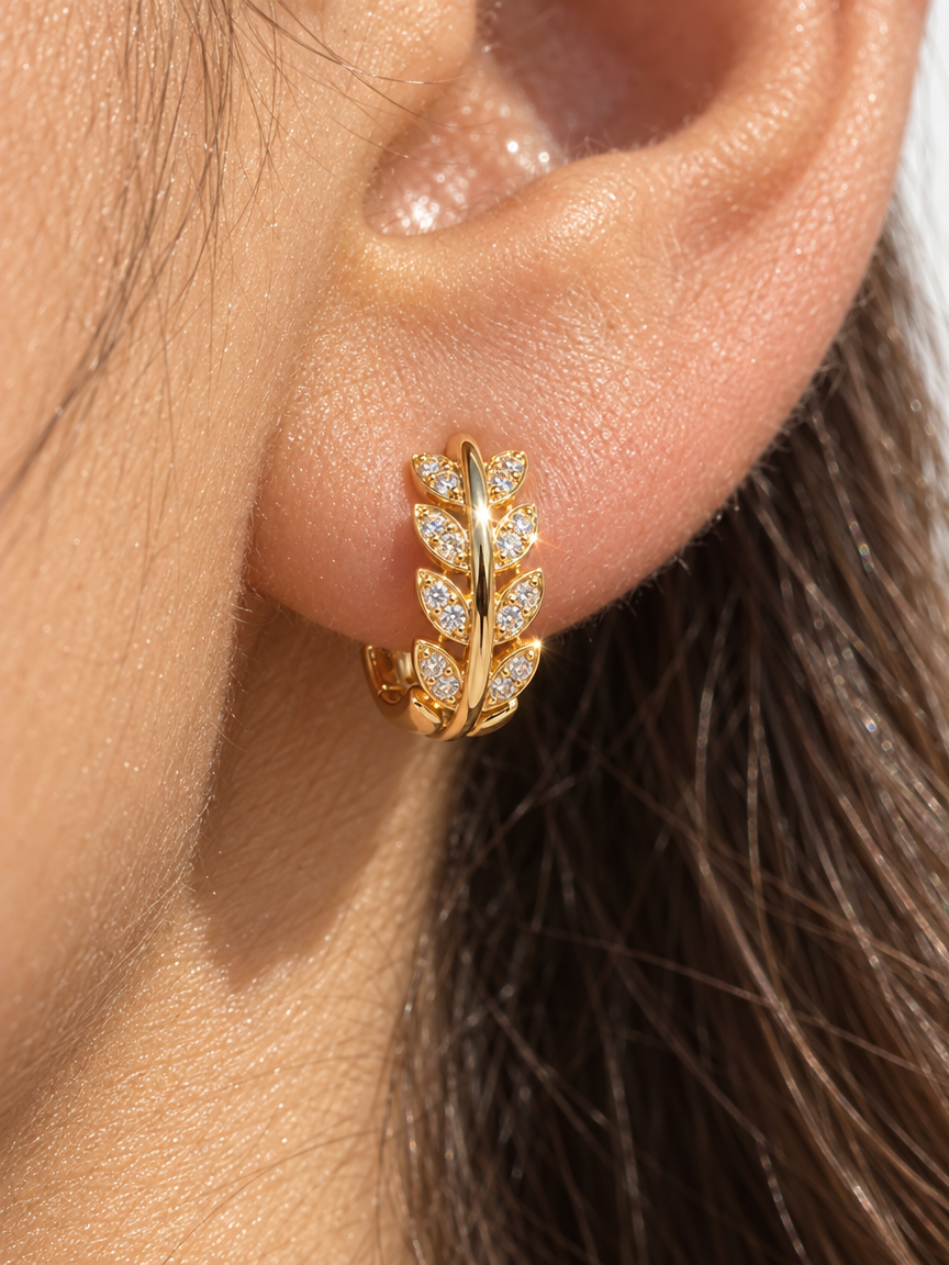 Leaf & Crystal Hoop Earrings