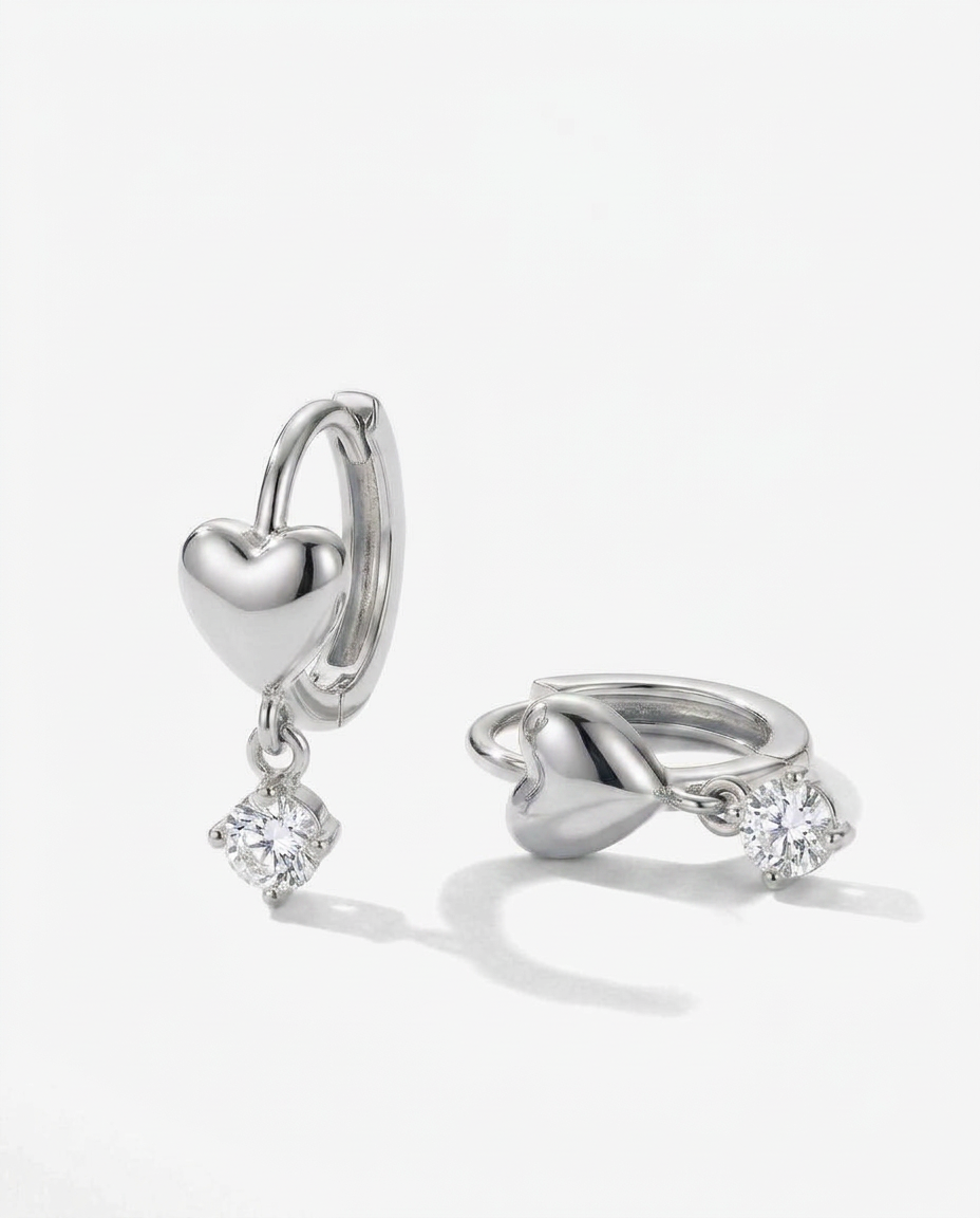 Heart & Zircon Drop Huggie Earrings