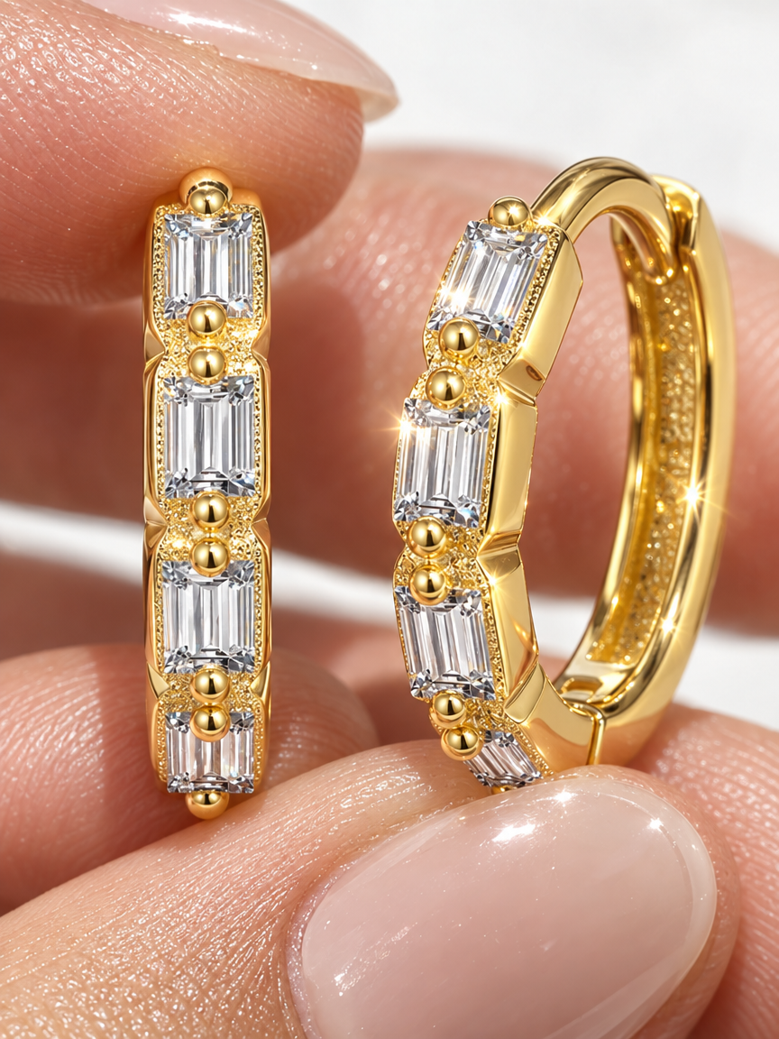 Baguette Zircon Hoop Earrings