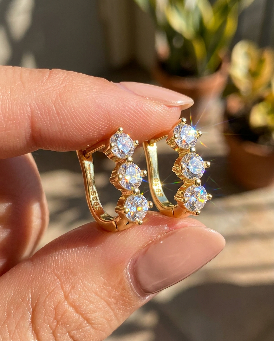 Triple Stone Huggie Earrings