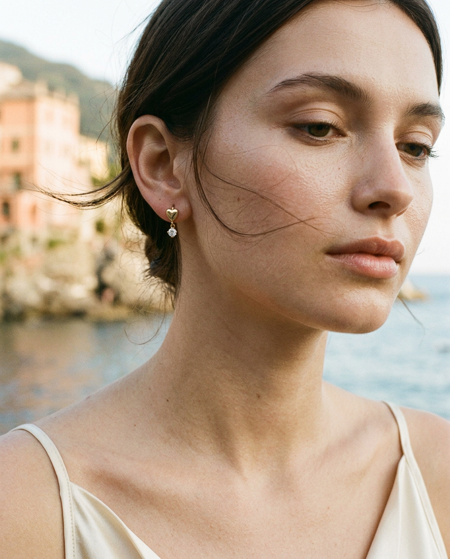 Heart & Zircon Drop Huggie Earrings