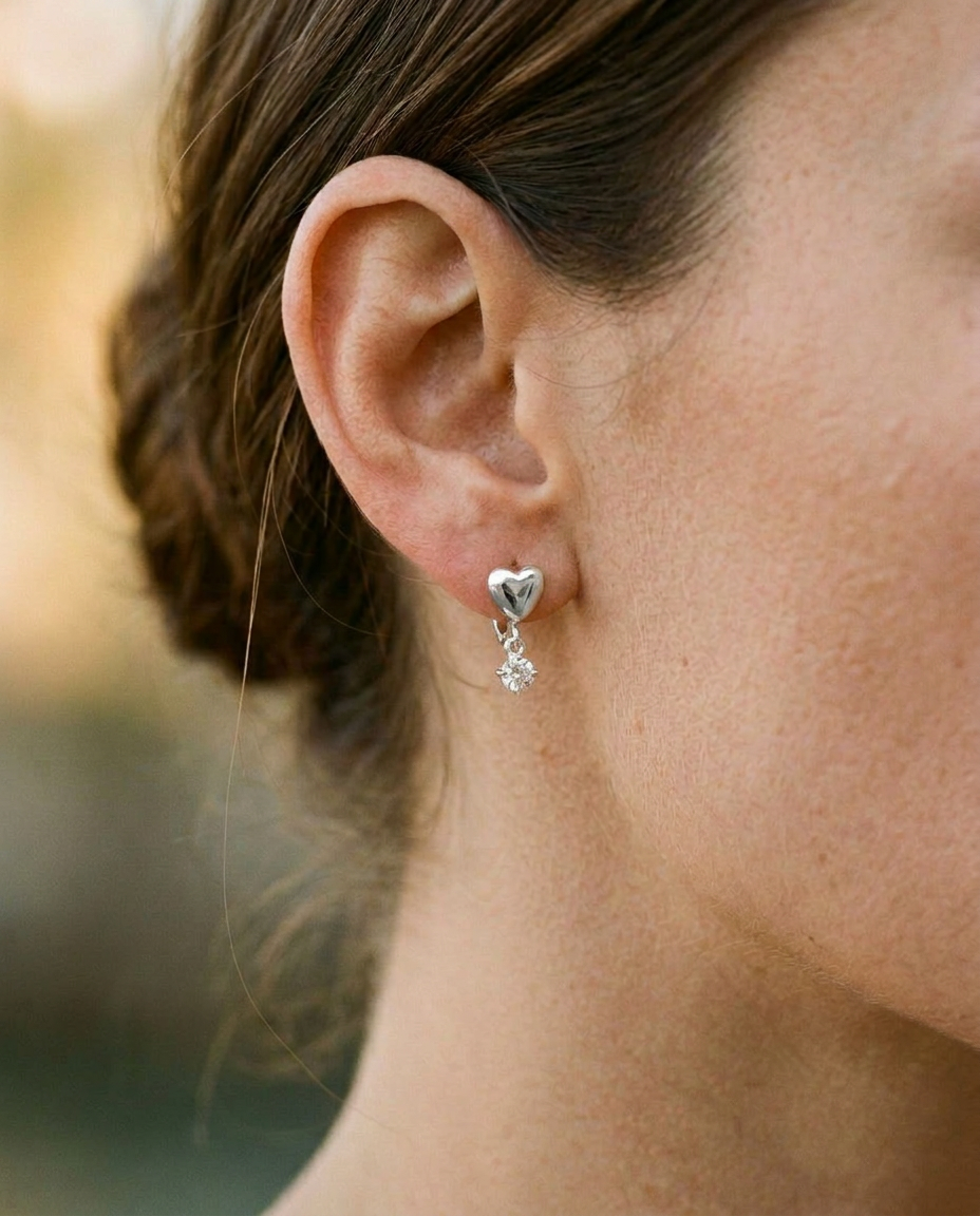 Heart & Zircon Drop Huggie Earrings