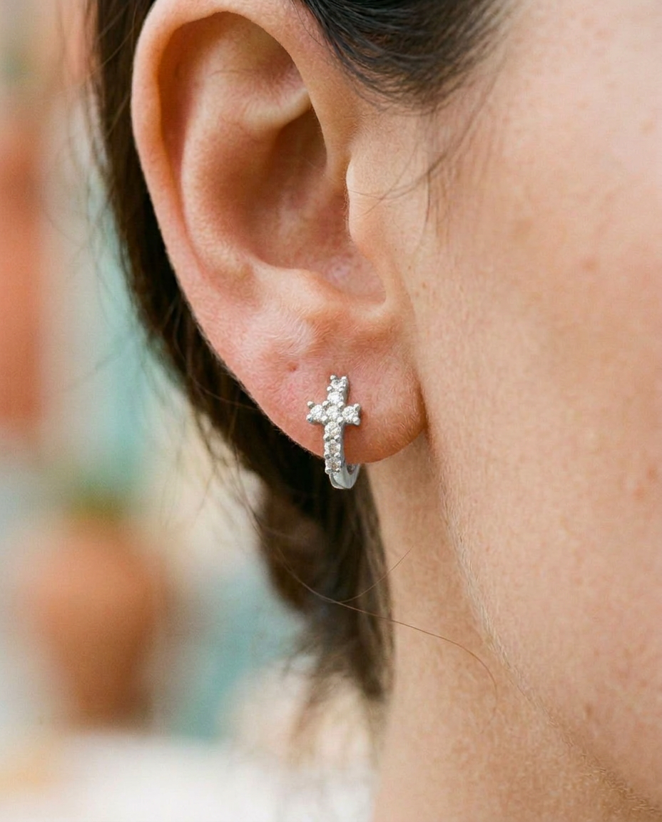 Cross Pavé Huggies