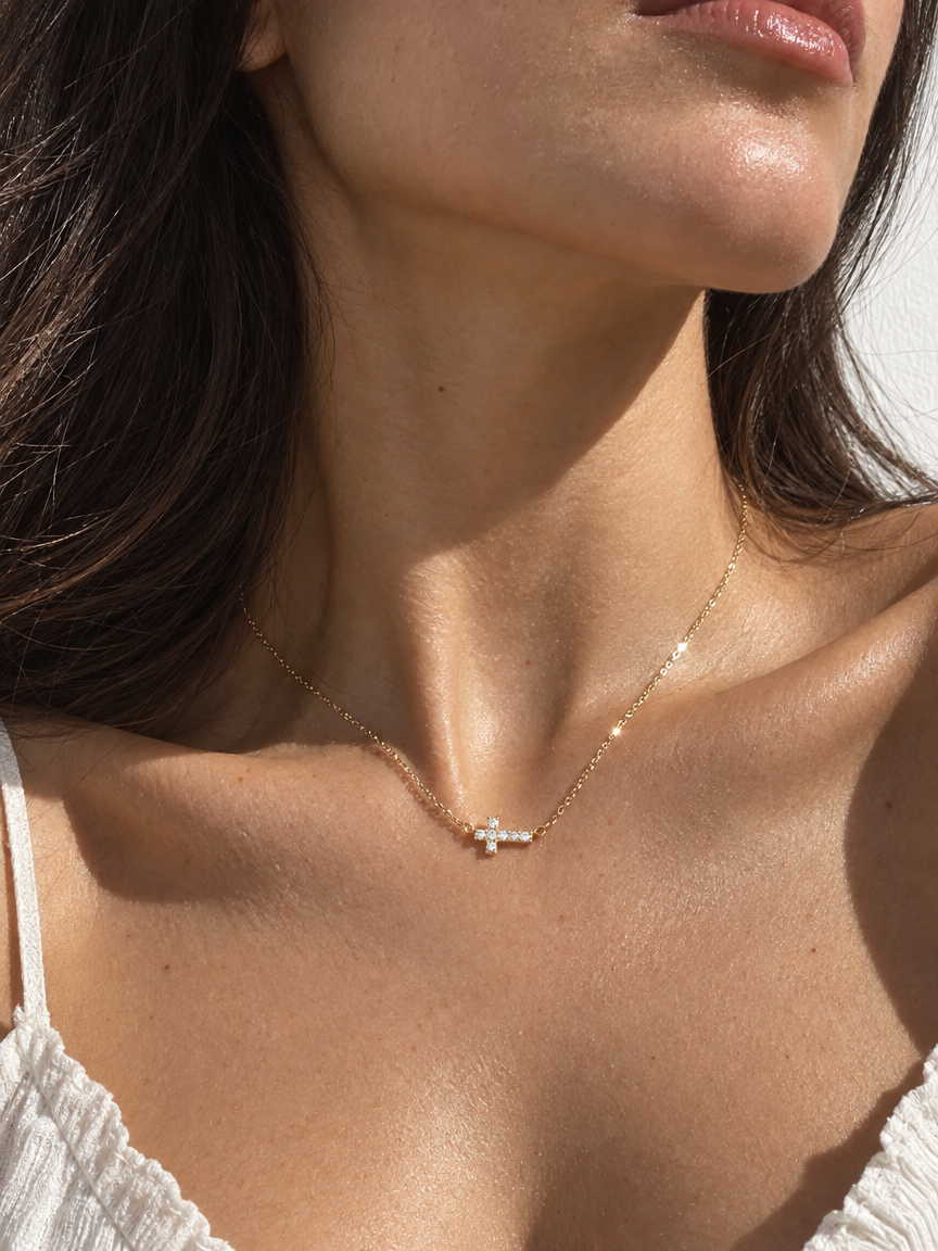 Horizontal Pavé Cross Necklace