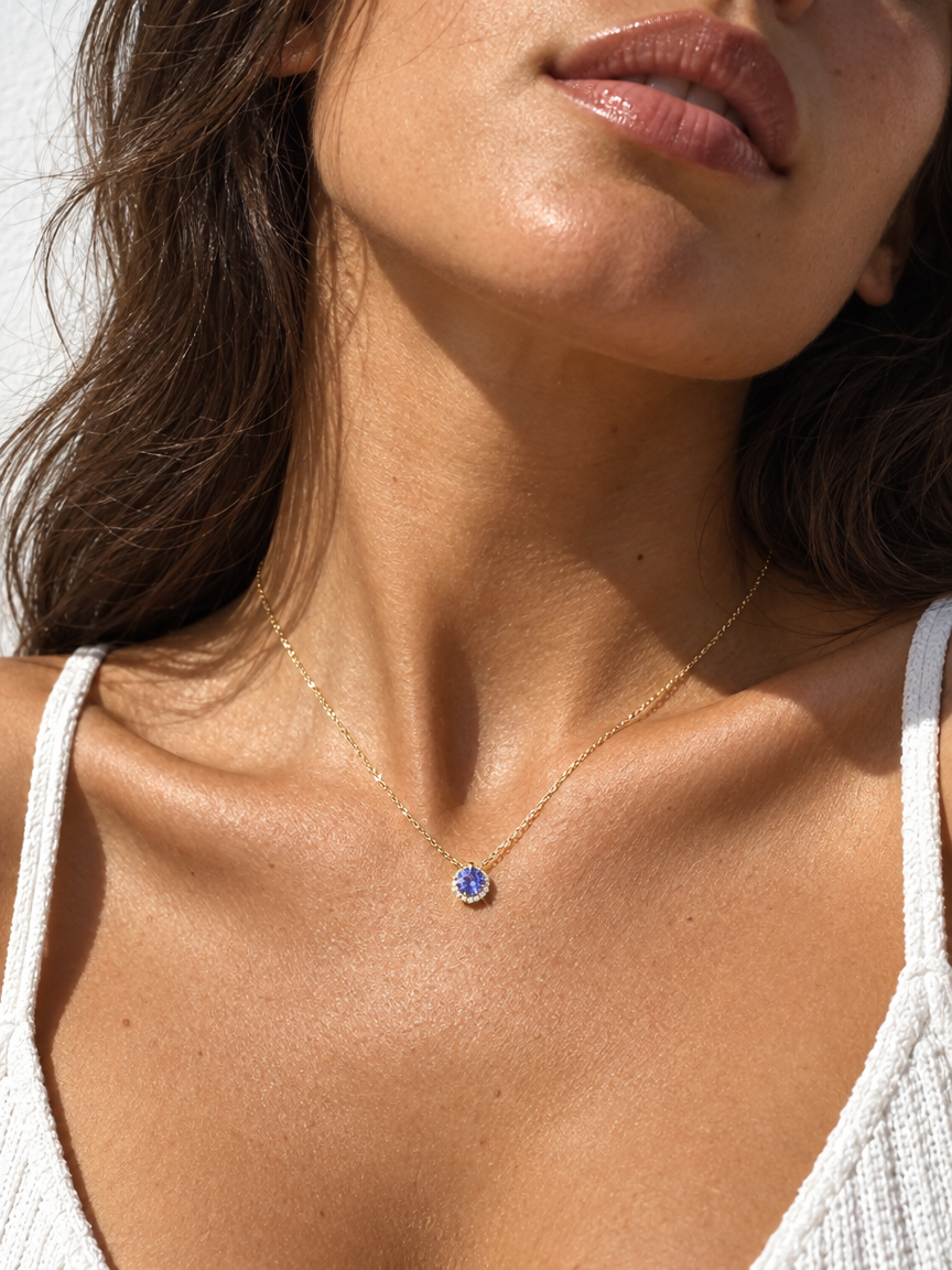 Blue Crystal Halo Pendant Necklace