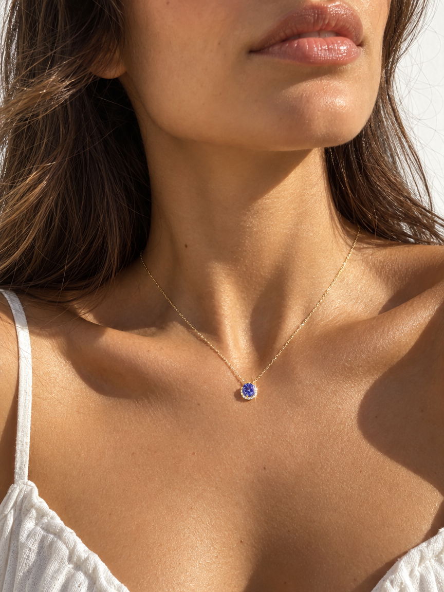 Blue Crystal Halo Pendant Necklace