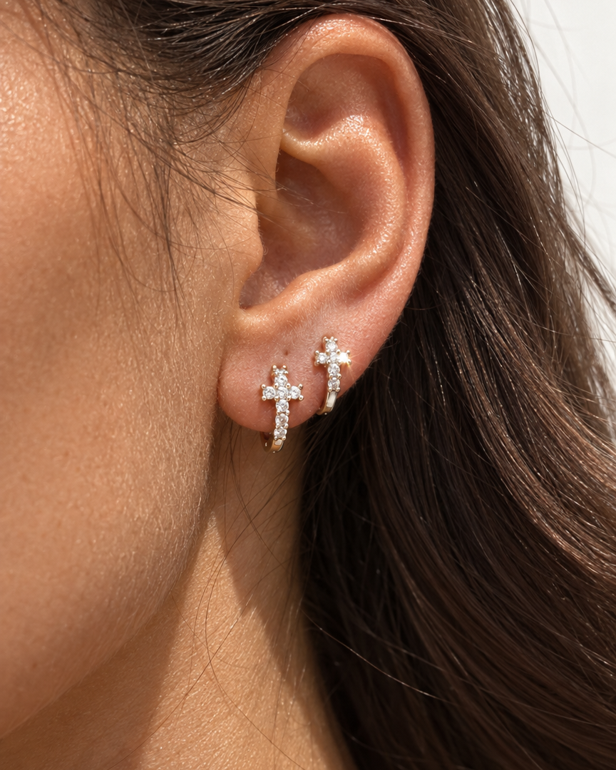 Cross Pavé Huggies
