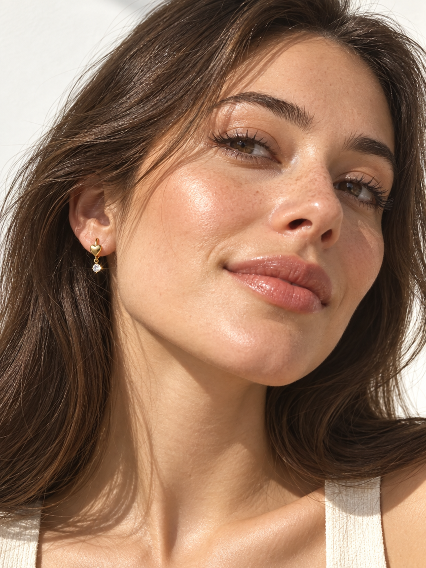 Heart & Zircon Drop Huggie Earrings