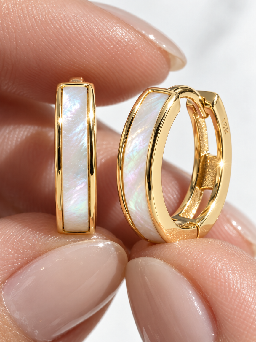 Pearl Inlay Huggie Hoops