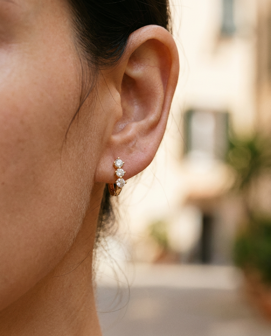 Triple Stone Huggie Earrings