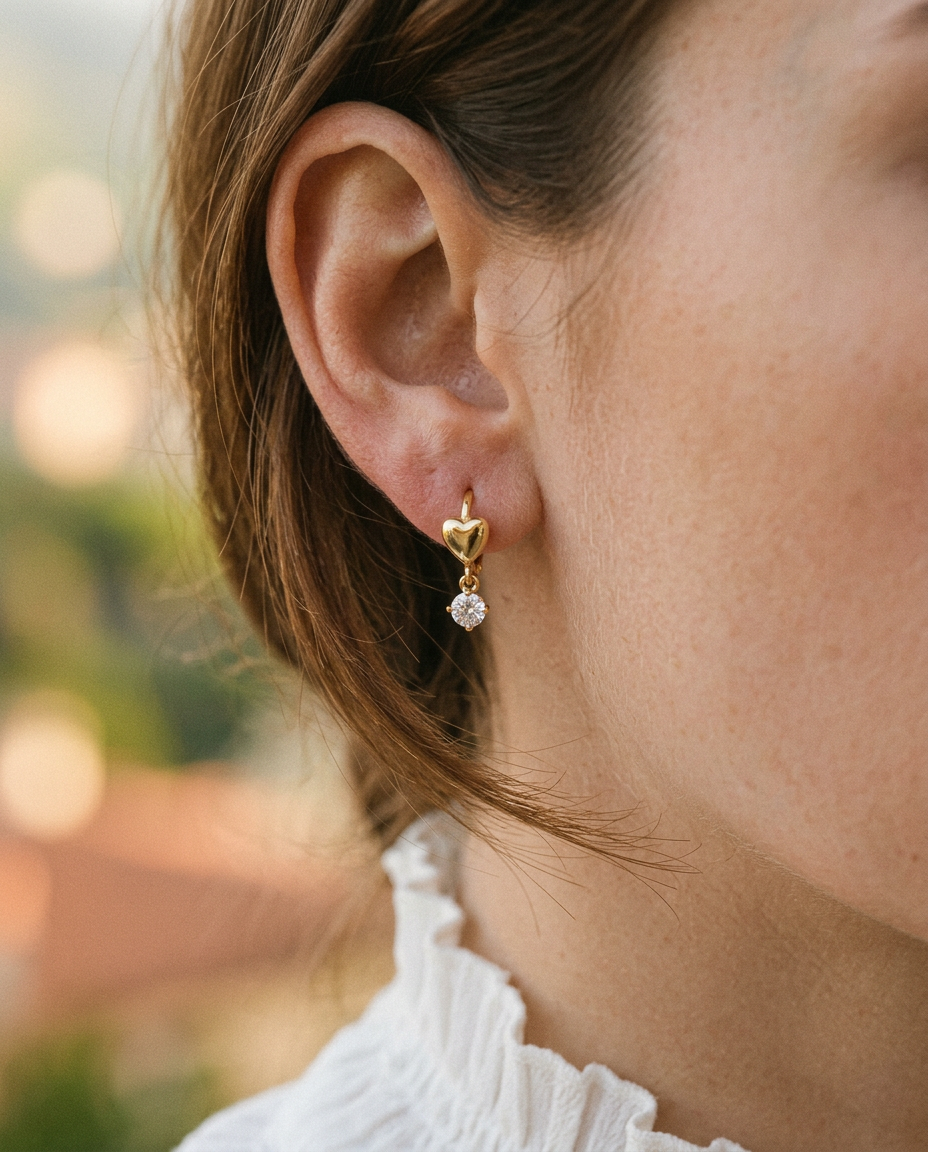 Heart & Zircon Drop Huggie Earrings