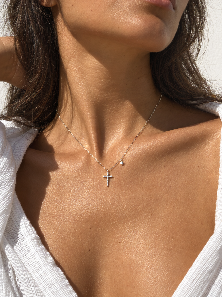 Pavé Cross & Stone Necklace