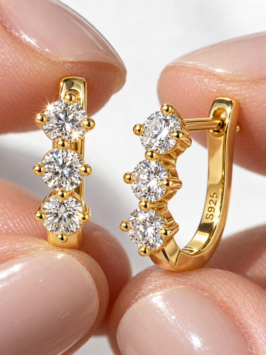 Triple Stone Huggie Earrings