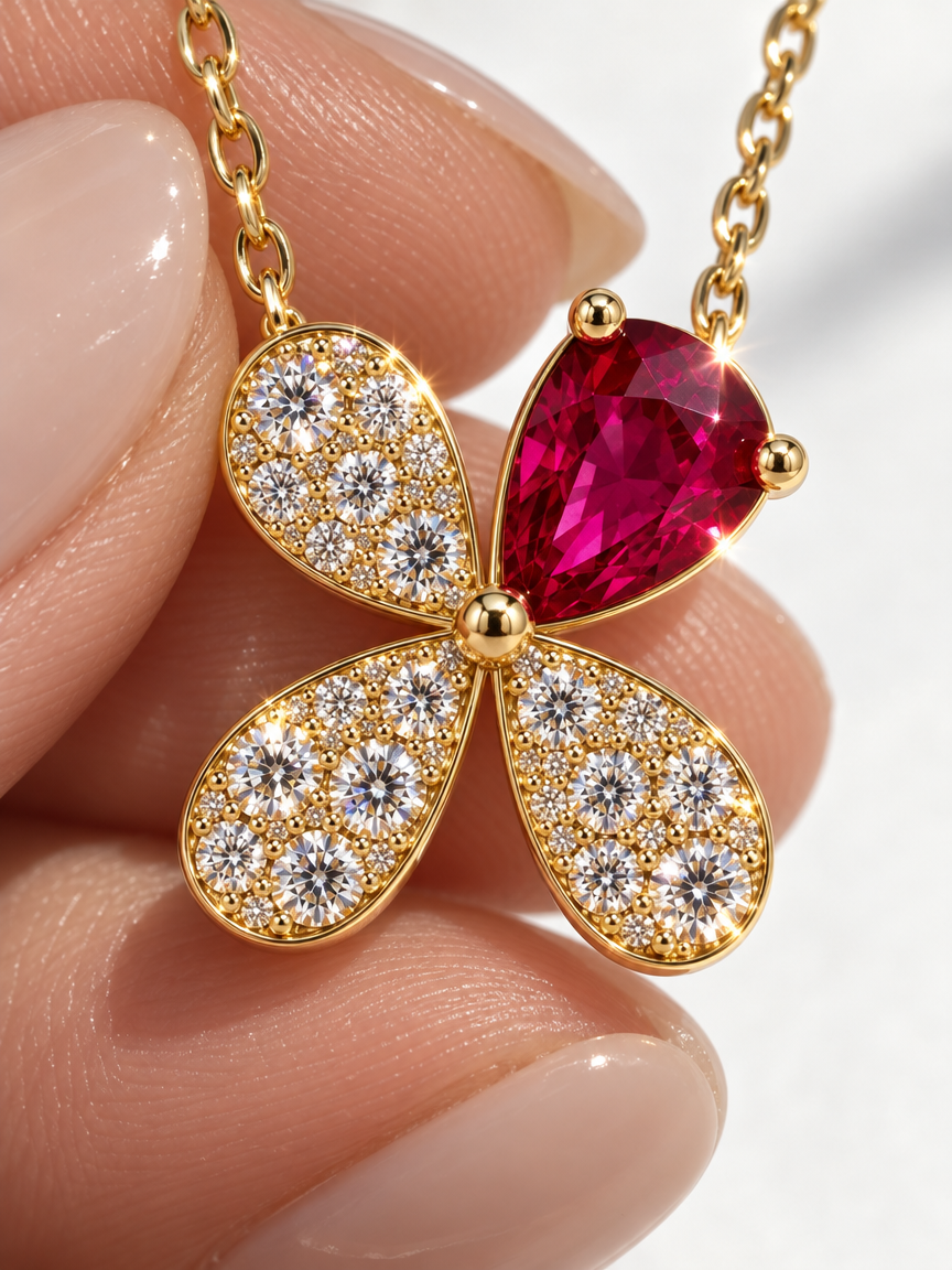 Red Crystal Clover Pendant Necklace