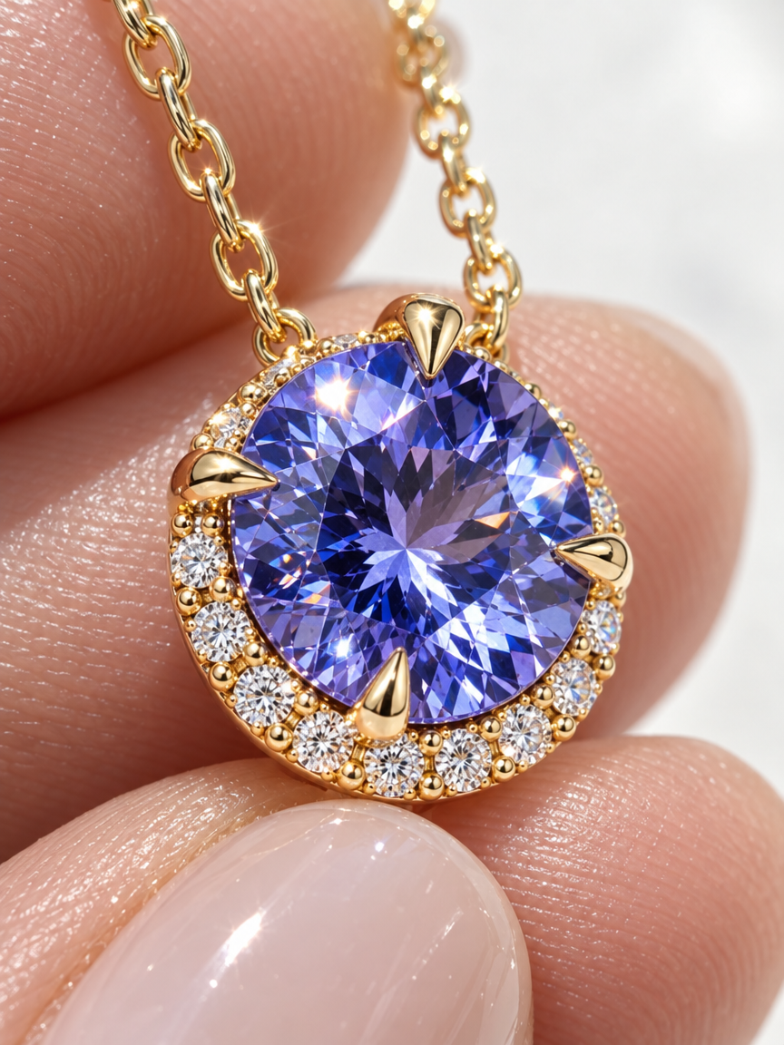 Blue Crystal Halo Pendant Necklace