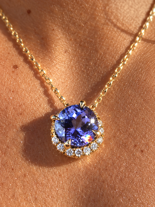 Blue Crystal Halo Pendant Necklace