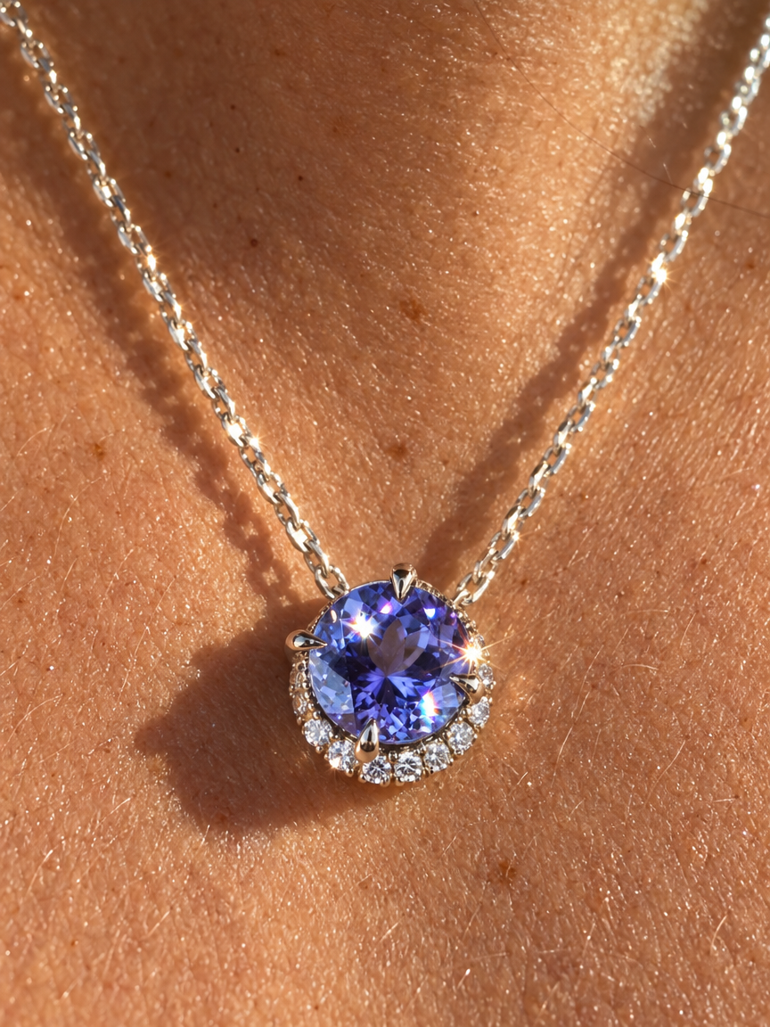 Blue Crystal Halo Pendant Necklace