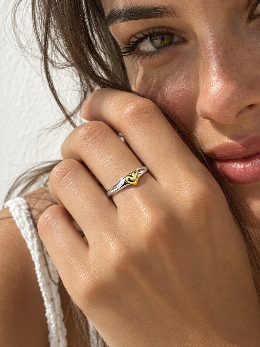 Adjustable Two-Tone Heart Ring
