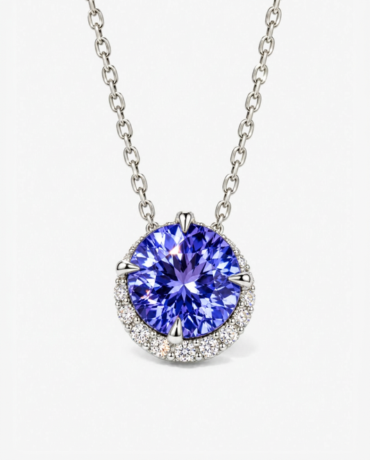 Blue Crystal Halo Pendant Necklace