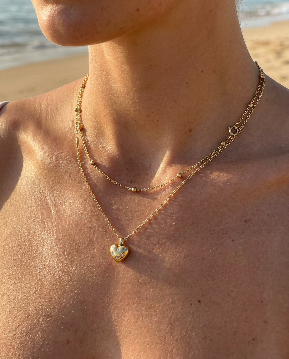 Tiny Heart & Beaded Cable Necklace Set