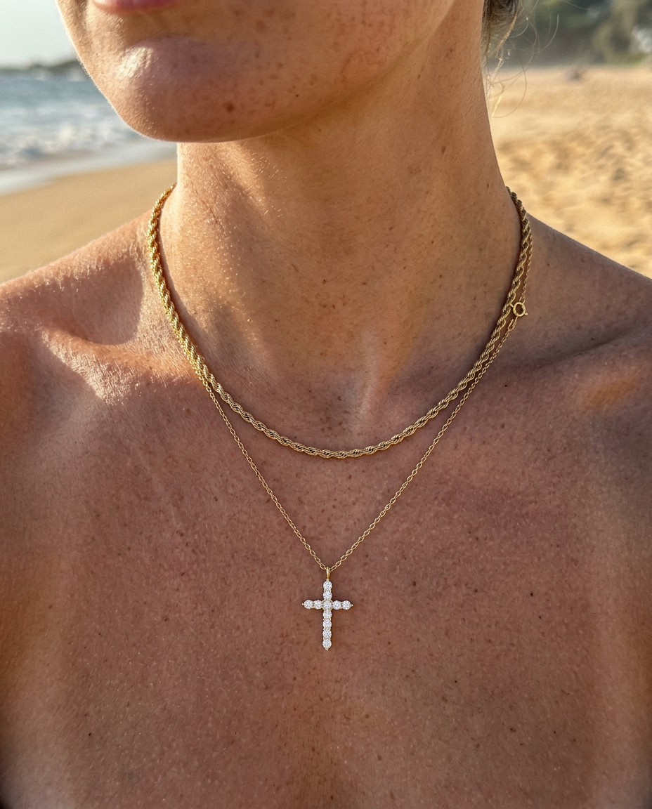 Everyday Pavé Cross & Rope Necklace Set
