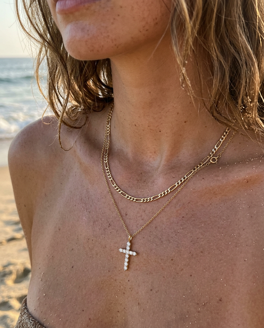 Everyday Pavé Cross & Figaro Necklace Set