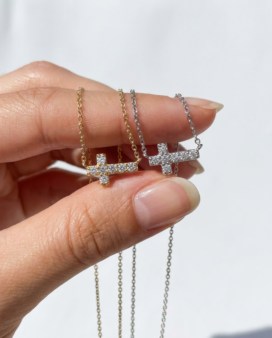 Horizontal Pavé Cross Necklace