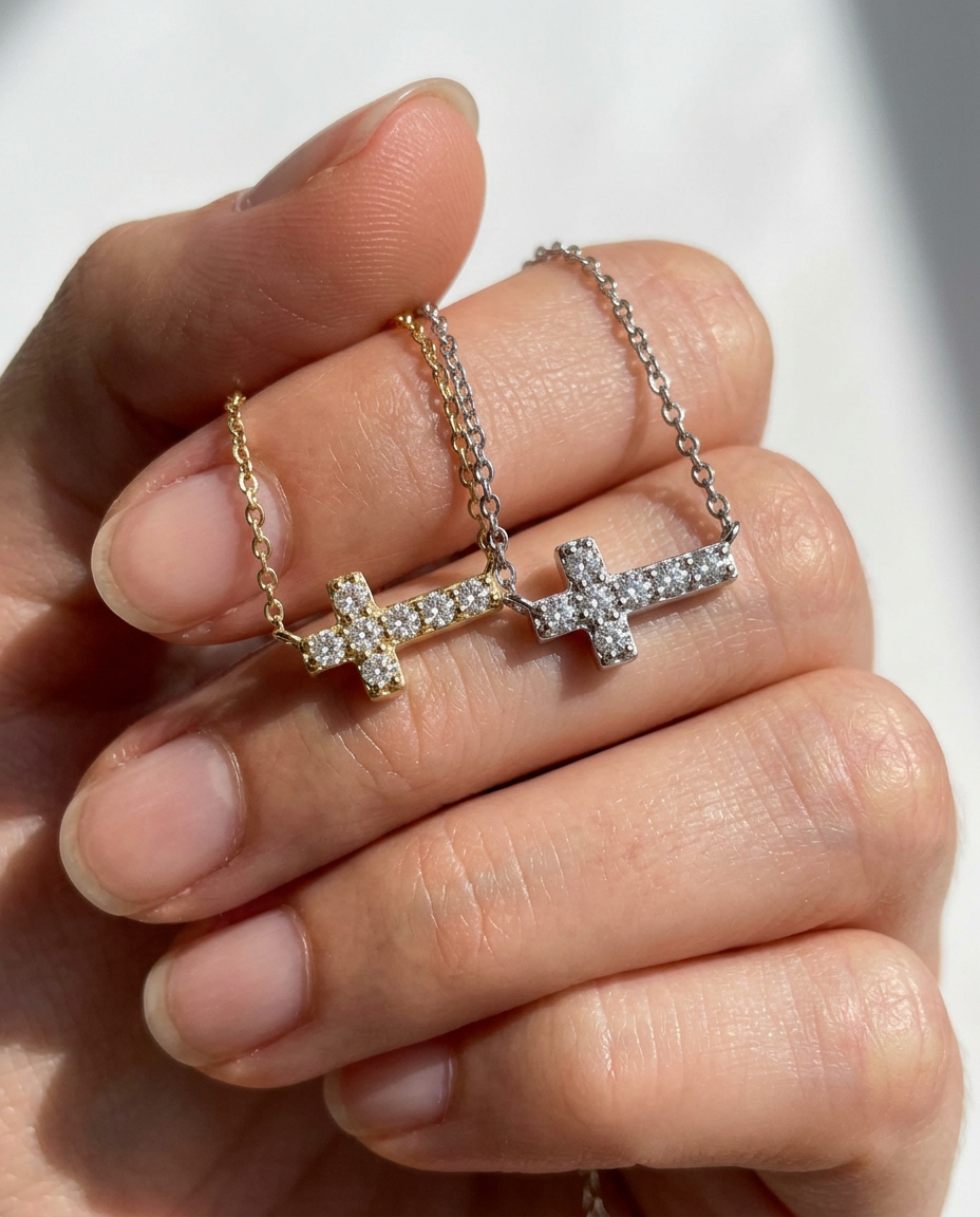 Horizontal Pavé Cross Necklace