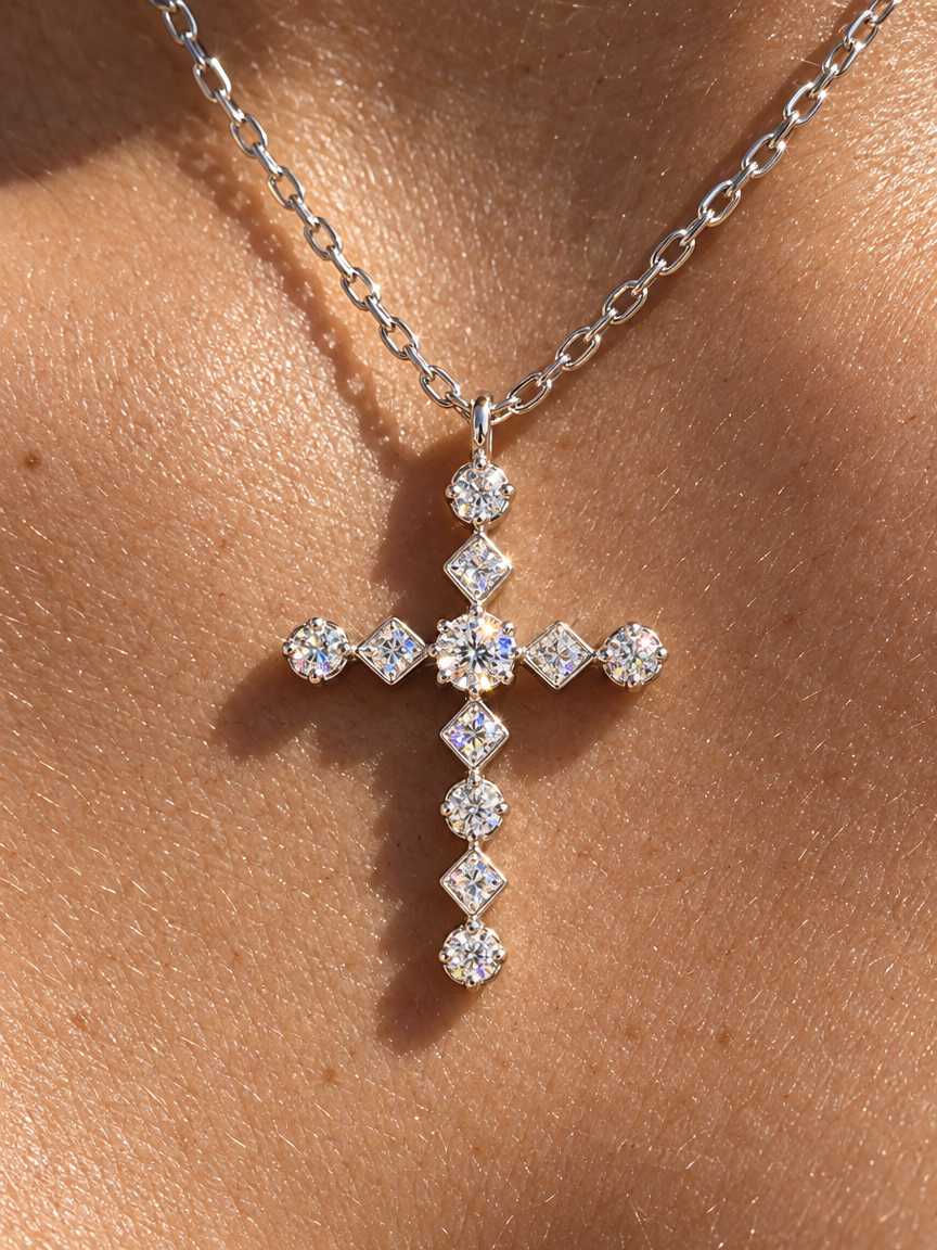 Mixed-Cut Cross Necklace