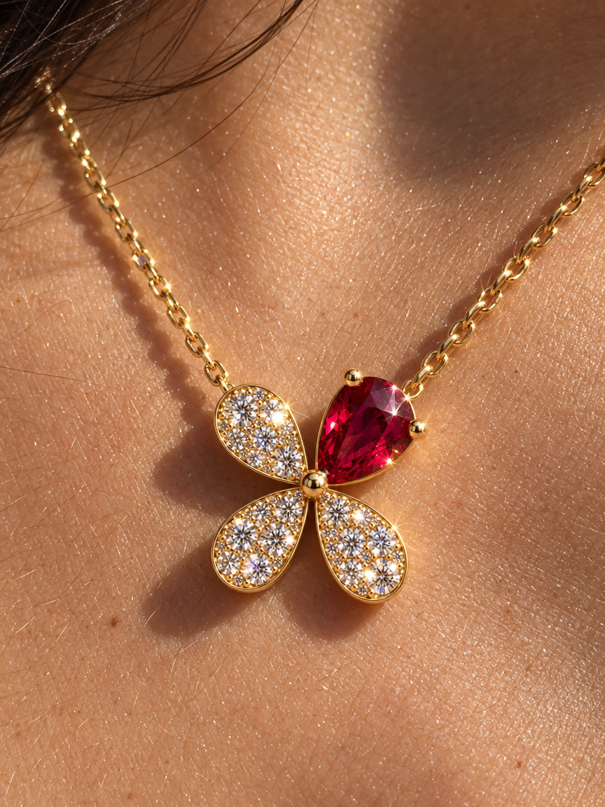 Red Crystal Clover Pendant Necklace