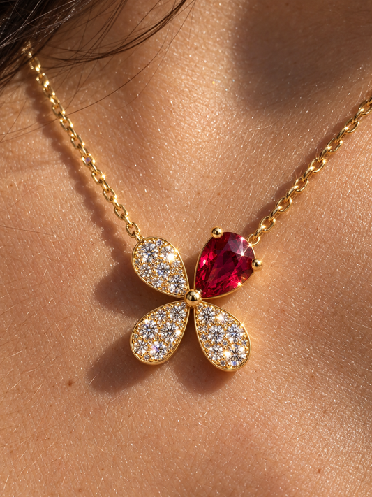 Red Crystal Clover Pendant Necklace