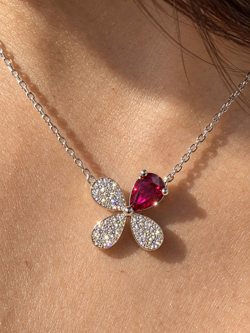 Red Crystal Clover Pendant Necklace
