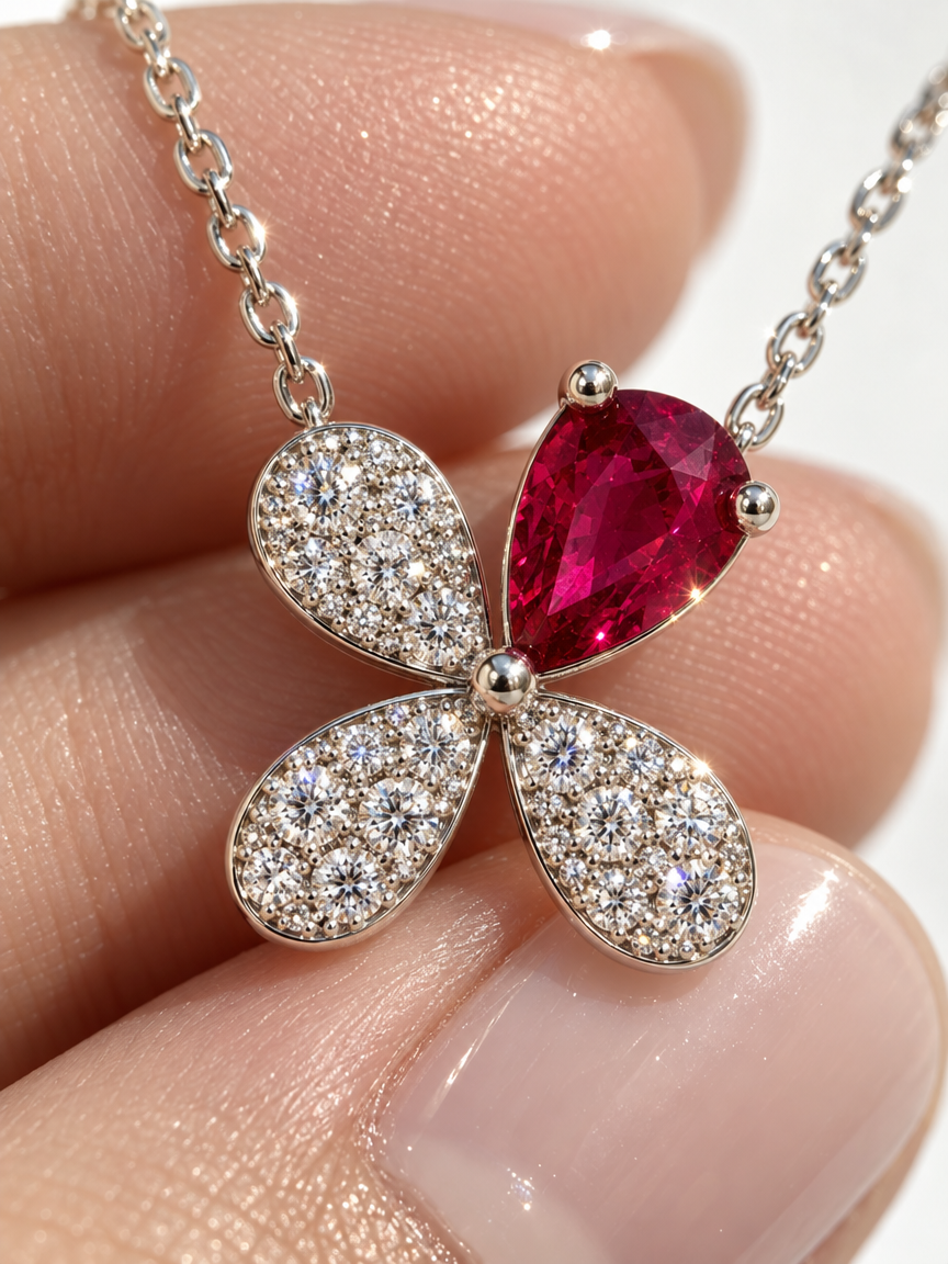 Red Crystal Clover Pendant Necklace