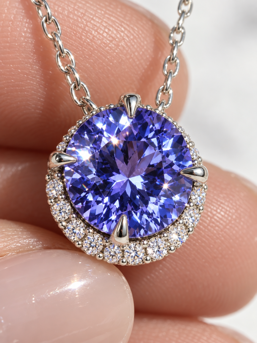 Blue Crystal Halo Pendant Necklace