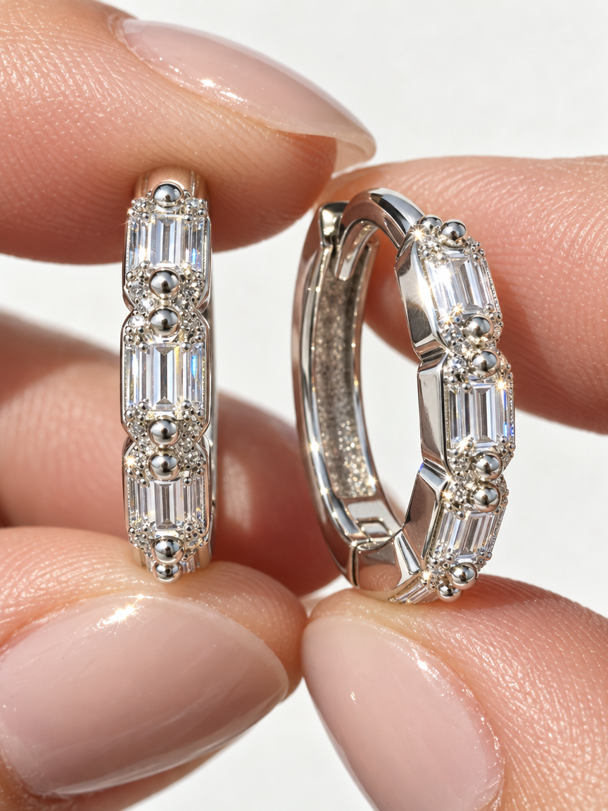 Baguette Zircon Hoop Earrings