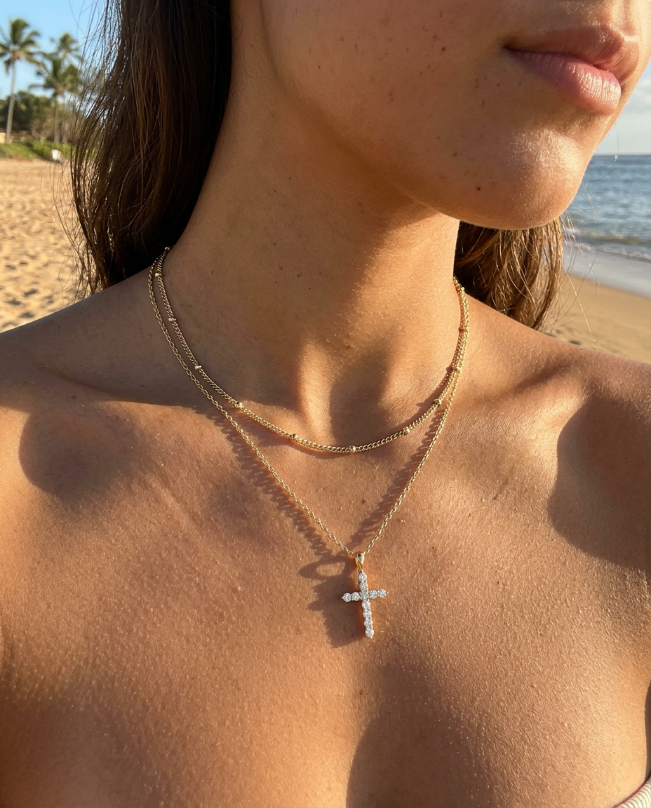 Everyday Pavé Cross & Satellite Necklace Set