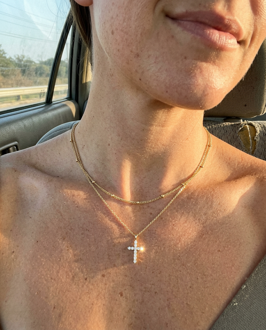 Everyday Pavé Cross & Satellite Necklace Set