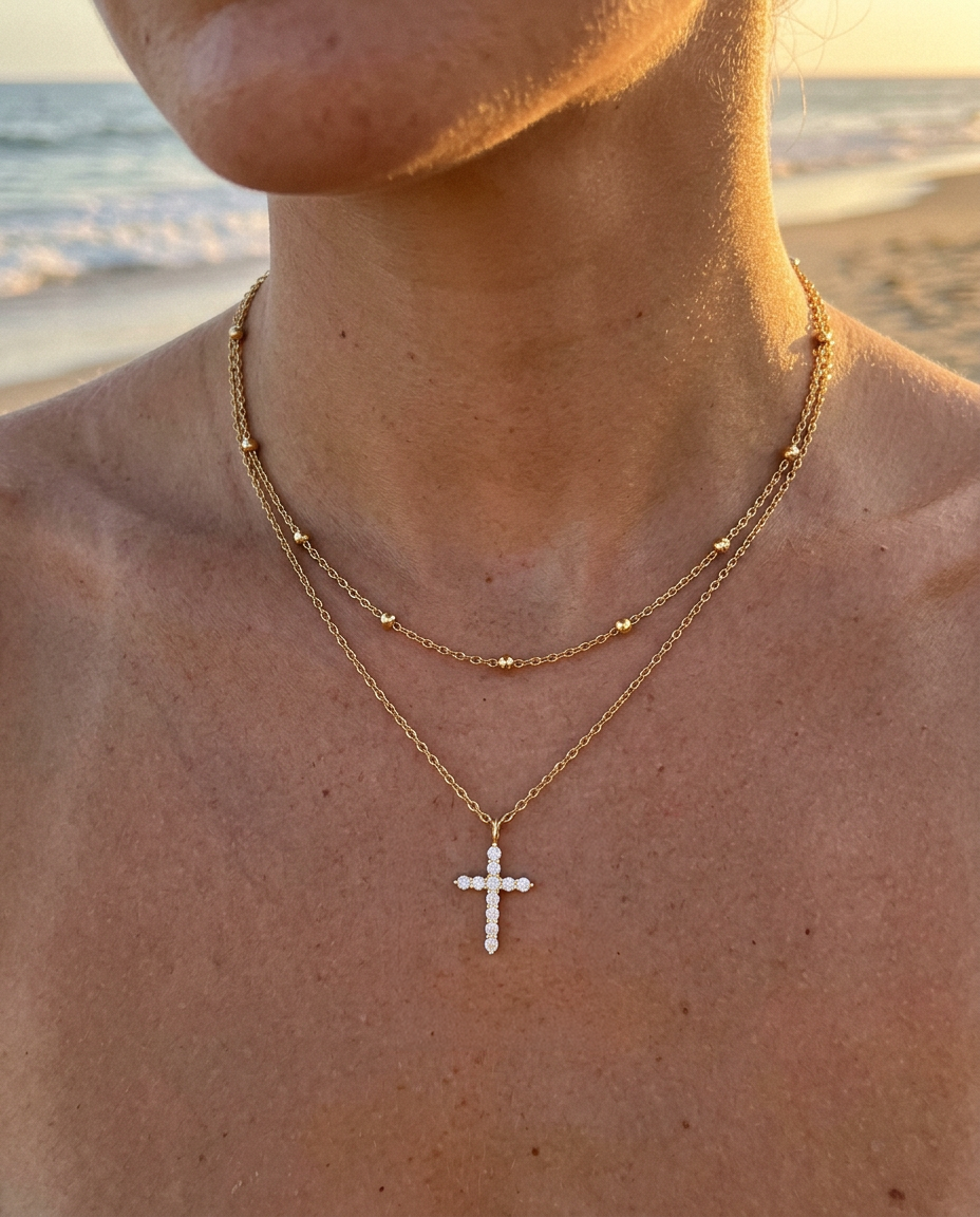 Everyday Pavé Cross & Beaded Cable Necklace Set