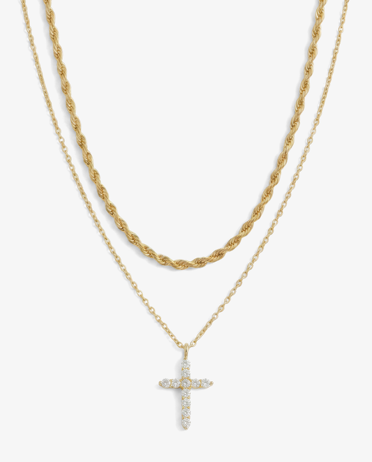 Everyday Pavé Cross & Rope Necklace Set