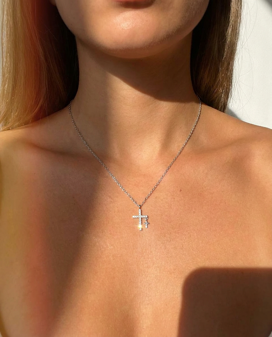 Double Cross Pavé Necklace