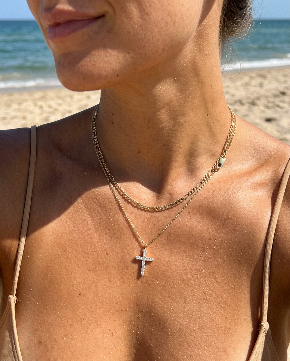 Pavé Cross & Figaro Necklace Set