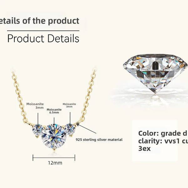 925 Silver / Gold - Heart-shaped Three Diamond Necklace (1.2 Carats)