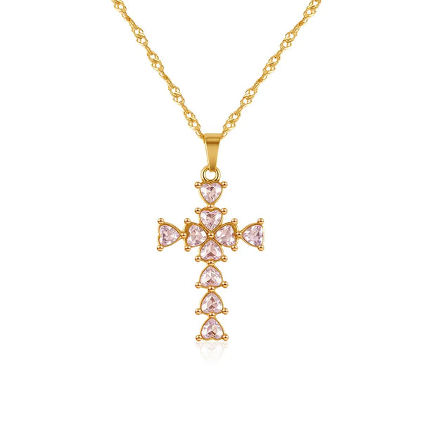 XL001-2 Heart-Shaped Pink Zircon Cross Pendant
