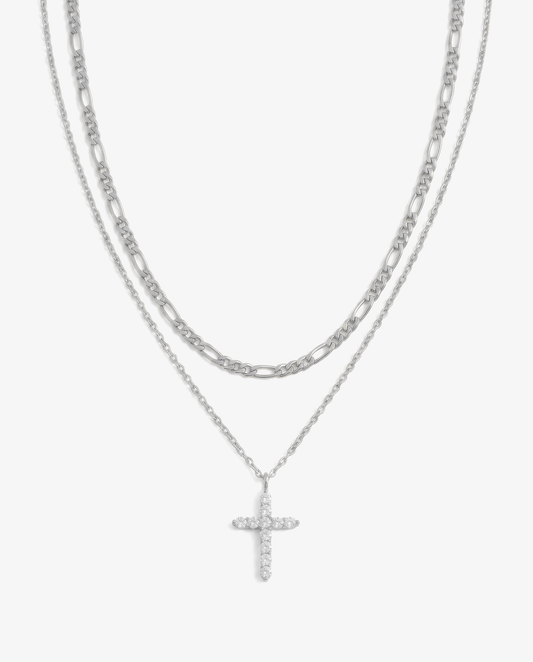 Pavé Cross & Figaro Necklace Set