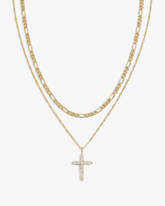 Everyday Pavé Cross & Figaro Necklace Set