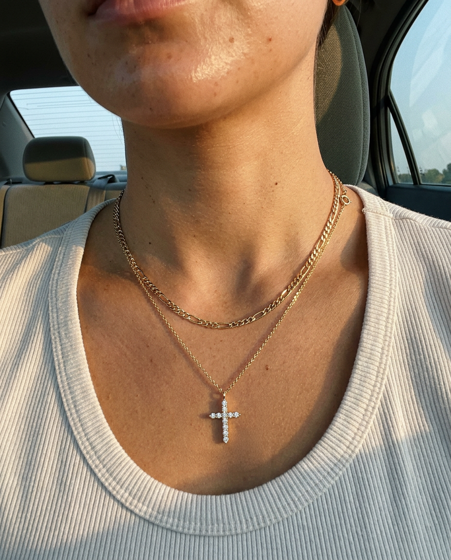 Everyday Pavé Cross & Figaro Necklace Set